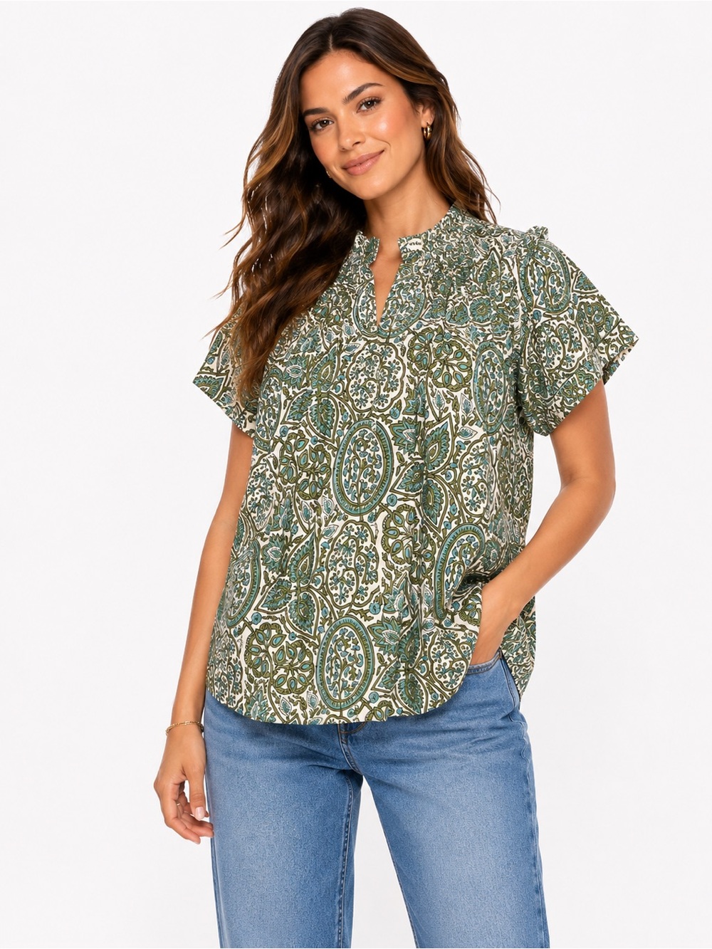 Sohana Size Medium Ruffled Green Paisley Short-Sleeve Blouse - Women